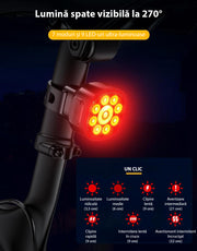 Set Lumini Bicicleta, Trotineta Fata Spate BeGenius®, Far si Stop Reincarcabil USB, Far 8 Moduri si Stop cu 7 Moduri de Functionare, Vizibil pe Timp de Noapte si Zi, Montaj Simplu si Rapid, Rezistent la Apa IP65, Negru