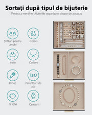 NextWave® Cutie de bijuterii pe 3 niveluri cu 2 sertare – caseta eleganta din piele ecologica neagra cu interior catifelat, spatii dedicate pentru inele, verighete, cercei, bratari si lanturi, design rafinat si compact, ideala pentru organizare, Negru