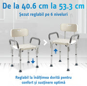 Scaun de dus si cada NextWave® cu spatar si brate captusite, inaltime reglabila 41–53 cm, suport greutate 160 kg, cadru din aluminiu usor si rezistent, picioare anti-alunecare, ideal pentru varstnici si persoane cu mobilitate redusa