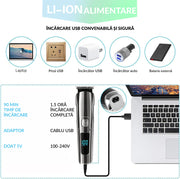 Masina de tuns si Aparat de ras BeGenius®, Multifunctionala 11 in 1, Lame Inox, Corp Metal, Profesional, Barba, Cap, Inghinal, Fara Fir, Acumulator Aparat 2000mAh, Trimmer Nas Inclus, Argintiu