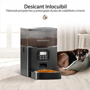Hranitor Automat Digital Pisici si Caini NextWave®, Dispenser 4L, Rezervor Transparent, Mesaj Vocal Personalizat, 4 Mese/Zi, Control Portii, Hrana Uscata, Anti-Blocare, Protectie Antifurt, Bol Inox, Alimentare Dubla Retea/Baterii, Usor de Curatat, Negru