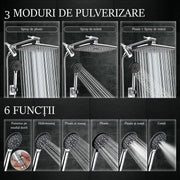 Set Cap De Dus Tip Ploaie NextWave®️, multiple moduri de curgere a apei, Para dus mobila, Duza de silicon, Presiune inalta, Anti-calcar, Cu suport culisant, furtun Flexibil, Otel inoxidabil, usor de instalat, Argintiu