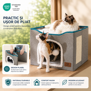 Casa pentru pisici NextWave® cu doua zone, bila pufoasa si zona de zgariat, Pliabila, Moale si pufoasa, Respirabila, Usoara, Marime 42x42x33 cm