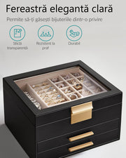 NextWave® Cutie de bijuterii pe 3 niveluri cu 2 sertare – caseta eleganta din piele ecologica neagra cu interior catifelat, spatii dedicate pentru inele, verighete, cercei, bratari si lanturi, design rafinat si compact, ideala pentru organizare, Negru