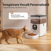 Hranitor Automat Digital Pisici si Caini NextWave®, Dispenser 4L, Rezervor Transparent, Mesaj Vocal Personalizat, 4 Mese/Zi, Control Portii, Hrana Uscata, Anti-Blocare, Protectie Antifurt, Bol Inox, Alimentare Dubla Retea/Baterii, Usor de Curatat, Alb
