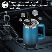 NextWave® Cana termoizolanta 1180 ml cu maner si capac etans – inox premium, pereti triplu izolati, pastreaza bauturile reci 34h si calde 10h, cu paie reutilizabile si perie de curatare, baza anti-alunecare, neagra