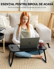 Masa Portabila NextWave® pentru Laptop 60×40 cm, Birou Lap Table pliabil, Suport Pahar & Slot Tableta, maner de transport, picioare antiderapante – ideal pentru pat, canapea, birou, Negru