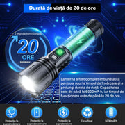 Lanterna BeGenius®, Focalizare Reglabila, 5 Moduri de Putere, LED P70, Baterie 5000 mAh, 2000lm, Iluminare Intensa pe Termen Lung, Rezistenta la Apa, Ideala pentru Camping, Drumetii, Supravietuire, Urgente si Exploarare, Neagra