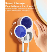 Sterilizator UV Portabil pentru 2 Periute de Dinti BeGenius ®, Suport Periute Dinti Inteligent cu Functie de Uscare, Senzor Deschidere-Inchidere automata, Montaj facil fara gauri, Eficienta Dezinfectare 99.99%, Dezinfectare Continua 24/7, Display HD, Alb