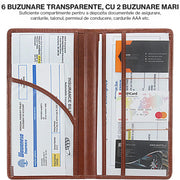 Organizator documente auto NextWave®️, port-document pentru inmatriculare si asigurare, mapa pliabila cu buzunare multiple, material PU rezistent, dimensiuni 26×24 cm deschis si 13×24×1 cm pliat, Maro