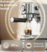 Espressor profesional NextWave® 20 bari, 1350W, rezervor 1.3L, din otel inoxidabil, spumator lapte integrat, functii automate pentru espresso, cappuccino, latte si alte bauturi pe baza de cafea