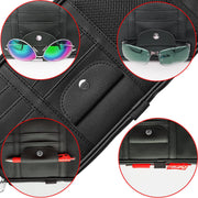 Organizator parasolar auto NextWave® din piele ecologica PU, 7 compartimente, buzunar cu fermoar, buzunar mesh, 5 sloturi pentru carduri, clip pentru ochelari si pix, prindere elastica universala, negru