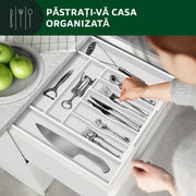 Organizator extensibil pentru tacamuri si ustensile NextWave® – bambus natural lacuit, finisaj negru elegant, 9 compartimente adanci (4, 8 cm), latime ajustabila 34–50 cm, lungime 44, 5 cm, design premium si eco-friendly pentru bucatarie. Alb