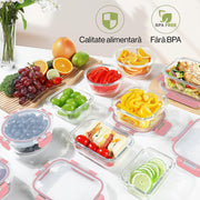 Set 12 Caserole Alimentare din sticla NextWave®️ Capace Etanse, Depozitare Frigider si Congelator, Potrivite pentru Microunde, Fara BPA, Organizare Bucatarie, Inchidere cu 4 Clipsuri, Usor de Curatat, Transparent, Roz