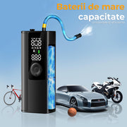Compresor auto portabil NextWave® digital, 150 PSI, 30 L/min, acumulator reincarcabil, ecran LCD, oprire automata, lanterna LED, pentru anvelope auto, moto, biciclete si mingi, Negru