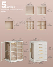 NextWave® Cutie de bijuterii verticala rotativa 360° cu 5 sertare, 18 carlige pentru coliere, compartimente pentru inele si cercei, interior catifelat, exterior din piele ecologica, geam frontal transparent, dimensiuni 16 × 22,2 × 28,5 cm, Alb