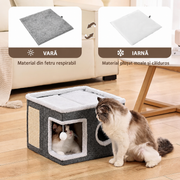 Casa Pisici NextWave®, Casuta Pliabila Tip Pestera, Pat Interior cu Platforma Superioara, Ansamblu de Zgariat Sisal, Minge Pufoasa, Perne Reversibile Detasabile, MDF Stabil, pentru Pisici si Animale Mici, 40 x 40 x 32 cm, Gri Inchis