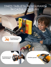 Suport auto tetiera NextWave®️, reglabil pe 3 axe pentru tablete si telefoane 4,7–11 inch, sistem metalic pliabil cu prindere solida, rotatie 360°, compatibil universal, negru