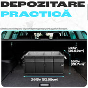 Organizator portbagaj auto pliabil NextWave®️, capacitate mare 55×40×26 cm, compartimentare cu separator detasabil, 2 placi de baza, chingi de fixare, capac inclus, material poliester rezistent