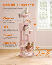 Ansamblu de Joaca pentru pisici, NextWave®, tip turn, 2 platforme de observatie, 3 niveluri, 2 casuta, 5 stalpi pentru zgariat, hamac, mingiute de joaca, inaltime 155 cm, roz