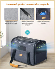 Geanta pentru transport animale mici, NextWave®, panza, 45x35x33 cm, Baza rezistenta cu covoras, Usor de transportat, Plasa respirabila, Gri inchis