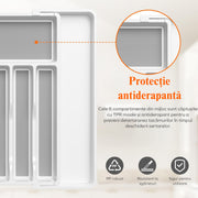 Organizator extensibil pentru tacamuri si ustensile de bucatarie NextWave® – suport sertar ajustabil 33–57 cm, cu 7–9 compartimente modulare, plastic rezistent BPA-free, design compact si practic pentru depozitare ordonata in bucatarie, Negru