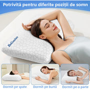 Perna ortopedica din spuma cu memorie cu gel BeGenius, Husa detasabila cu 2 zone termice, ergonomica ventilata pentru Gat si Suport Cervical, Ideala pentru dormitul lateral, spate sau stomac, 60x40x12 cm, fermitate ferma