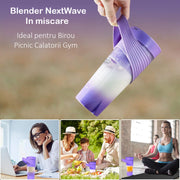 Mini Blender Electric NextWave™, Portabil, Multifunctional, Auto-curatare, Autonomie Mare, Baterie reincarcabila 4000mAh, Smoothie, legume si fructe, Milk shake, Fresh, 460 ml, 6 Lame 3D, mov