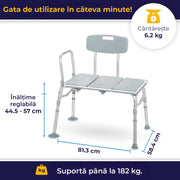 Scaun de transfer pentru cada si dus NextWave® cu 3 piese, spatar si brate laterale, ajustabil pe inaltime, stabil si sigur pentru batrani si persoane cu mobilitate redusa