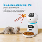 Hranitor Automat Digital Pisici si Caini NextWave®, Dispenser Hrana 3.5L, Bol Inox Premium, Control Portii, Mesaj Vocal Personalizat, Programare 4 Mese/Zi, Temporizator Digital, Senzor Infrarosu Anti-Blocare, Alimentare Dubla Priza/Baterii, 1.5W, Alb