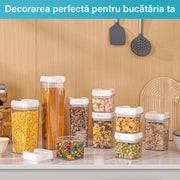 Set 7 cutii depozitare alimente NextWave® – plastic alimentar transparent fara BPA, inchidere ermetica cu garnitura de silicon, stivuibile si reutilizabile, ideale pentru cereale, faina, zahar, orez, paste si alte alimente uscate