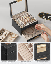 NextWave® Cutie de bijuterii pe 3 niveluri cu 2 sertare – caseta eleganta din piele ecologica neagra cu interior catifelat, spatii dedicate pentru inele, verighete, cercei, bratari si lanturi, design rafinat si compact, ideala pentru organizare, Negru