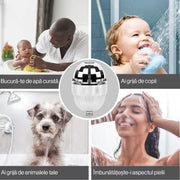 Cap de dus reglabil NextWave®️, presiune ridicata, 5 moduri de pulverizare (ploaie, masaj, ceata, combinatii), sistem de filtrare in 15 etape pentru apa curata, conexiune standard G1/2, cap rotativ 360°, material ABS cromat anticoroziv