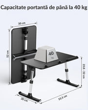 Suport laptop reglabil NextWave®️, masa pliabila pentru birou, pat sau canapea, 5 niveluri de inaltime si 4 unghiuri de inclinare, bara anti-alunecare si pad ergonomic, material MDF + aluminiu, dimensiuni 52,1×30×23,9 cm, Negru
