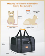 Geanta pentru transport animale mici, NextWave®, panza, 45x35x33 cm, Baza rezistenta cu covoras, Usor de transportat, Plasa respirabila, Gri inchis