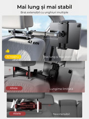 Suport auto tetiera NextWave®️, reglabil pe 3 axe pentru tablete si telefoane 4,7–11 inch, sistem metalic pliabil cu prindere solida, rotatie 360°, compatibil universal, negru