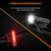 Set Lumini Bicicleta, Trotineta Fata Spate BeGenius®, Far si Stop Reincarcabil USB, Far 4 Moduri si Stop cu 4 Moduri de Functionare, Vizibil pe Timp de Noapte si Zi, Montaj Simplu si Rapid, Rezistent la Apa IP65, Negru
