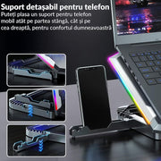 Stand De Racire pentru Laptop BeGenius® cu Suport pentru Telefon, 8 Ventilatoare ultra Silentioase, Cooler Laptop Gaming, Iluminare RGB, 10-45 grade, 2 Porturi USB, pentru Laptopuri pana la 17.3 inch, Negru