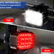 Set lumini bicicleta 25 de LED-uri, BeGenius®, USB reincarcabil cu acumulator 1100mAh, 4 Moduri de Iluminare, Montaj Simplu si Rapid, Rezistent la Apa IP65, Alb/Rosu