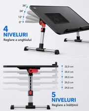 Masa Laptop Pliabila NextWave®, Ventilator Racire USB, Inclinare Ajustabila, Suport Reglabil pentru Pat si Canapea, Picioare Pliabile, Spatiu Mouse, Suport Antialunecare, pentru Laptop pana la 17 inch, Lucru, Citit, Scris
