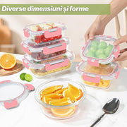 Set 12 Caserole Alimentare din sticla NextWave®️ Capace Etanse, Depozitare Frigider si Congelator, Potrivite pentru Microunde, Fara BPA, Organizare Bucatarie, Inchidere cu 4 Clipsuri, Usor de Curatat, Transparent, Roz