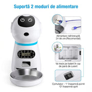 Hranitor Automat Digital Pisici si Caini NextWave®, Dispenser Hrana 3.5L, Bol Inox Premium, Control Portii, Mesaj Vocal Personalizat, Programare 4 Mese/Zi, Temporizator Digital, Senzor Infrarosu Anti-Blocare, Alimentare Dubla Priza/Baterii, 1.5W, Alb