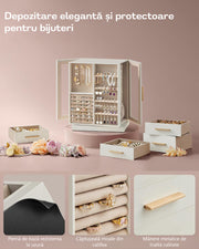 NextWave® Cutie de bijuterii verticala rotativa 360° cu 5 sertare, 18 carlige pentru coliere, compartimente pentru inele si cercei, interior catifelat, exterior din piele ecologica, geam frontal transparent, dimensiuni 16 × 22,2 × 28,5 cm, Alb