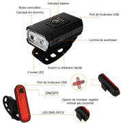 Set Lumini Bicicleta, Trotineta Fata Spate BeGenius®, Far si Stop Reincarcabil USB, Far 1000 lumeni cu 6 Moduri si Stop cu 4 Moduri de Functionare, Vizibil pe Timp de Noapte si Zi, Montaj Simplu si Rapid, Rezistent la Apa IP65, Negru