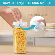 Set 7 cutii depozitare alimente NextWave® – plastic alimentar transparent fara BPA, inchidere ermetica cu garnitura de silicon, stivuibile si reutilizabile, ideale pentru cereale, faina, zahar, orez, paste si alte alimente uscate