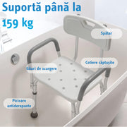 Scaun de dus si cada NextWave® cu spatar si brate captusite, inaltime reglabila 41–53 cm, suport greutate 160 kg, cadru din aluminiu usor si rezistent, picioare anti-alunecare, ideal pentru varstnici si persoane cu mobilitate redusa
