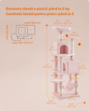 Ansamblu de Joaca pentru pisici, NextWave®, tip turn, 2 platforme de observatie, 3 niveluri, 2 casuta, 5 stalpi pentru zgariat, hamac, mingiute de joaca, inaltime 155 cm, roz