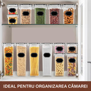 Set 24 cutii depozitare alimente NextWave® – plastic alimentar transparent fara BPA, capace etanse cu garnitura, 4 dimensiuni mixte, reutilizabile si stivuibile, ideale pentru paste, faina, zahar, cereale, orez si alte alimente uscate, cu etichete si mark