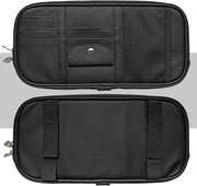 Organizator parasolar auto NextWave® din piele ecologica PU, 7 compartimente, buzunar cu fermoar, buzunar mesh, 5 sloturi pentru carduri, clip pentru ochelari si pix, prindere elastica universala, negru