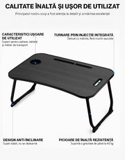 Masa Portabila NextWave® pentru Laptop 60×40 cm, Birou Lap Table pliabil, Suport Pahar & Slot Tableta, maner de transport, picioare antiderapante – ideal pentru pat, canapea, birou, Negru